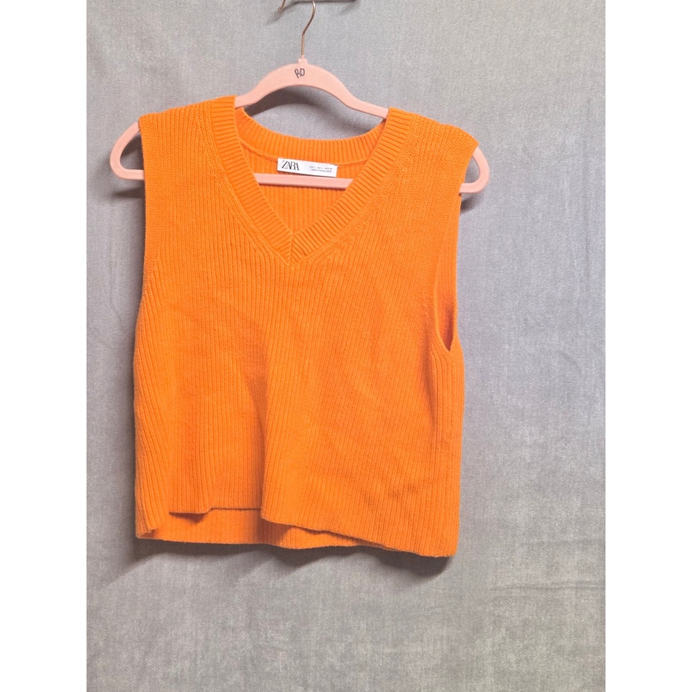 Zara Orange Ribbed Knit V-Neck Sweater Vest Sleeveless Top Large